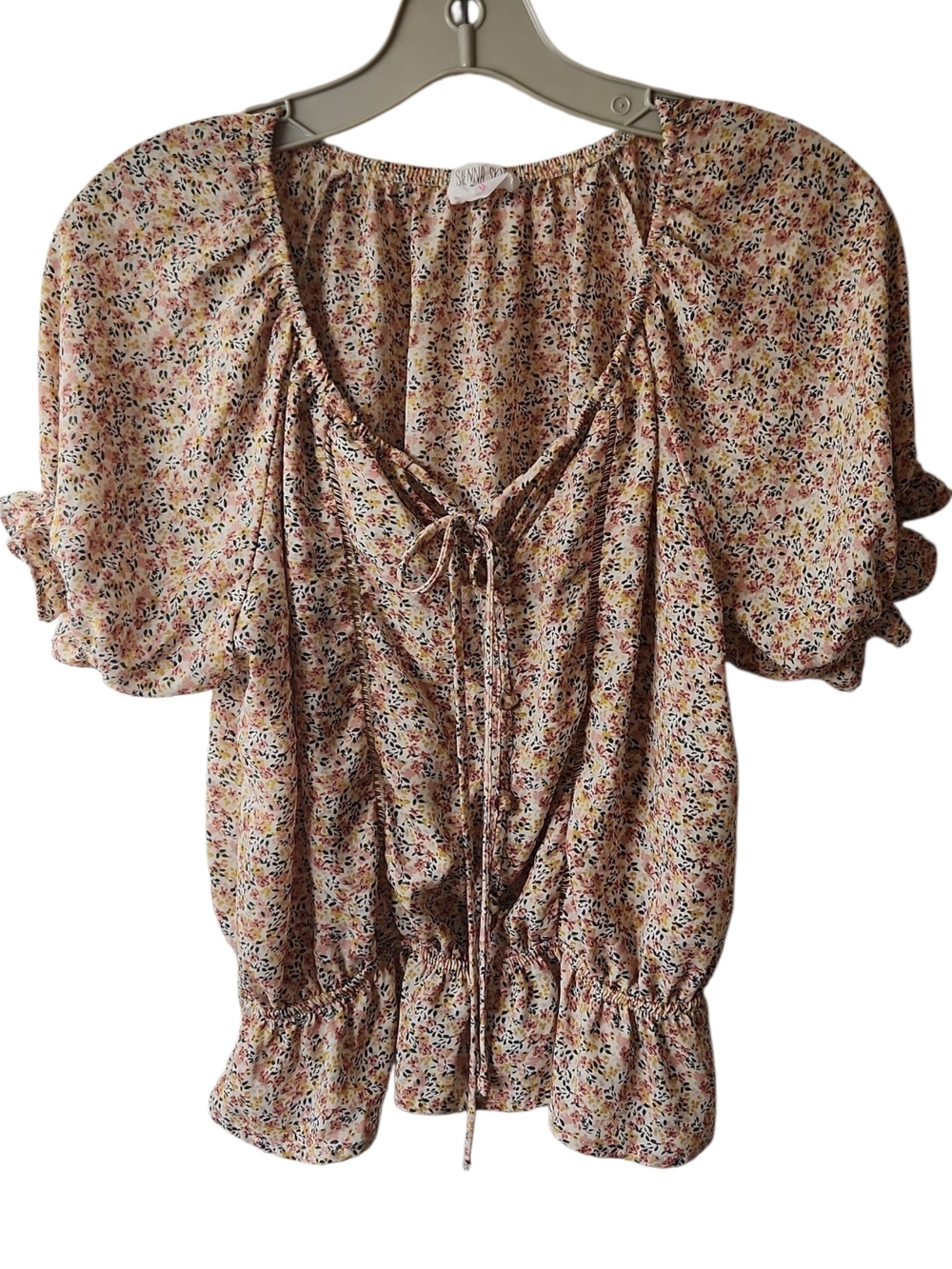 Sienna Sky Earth Tone Ditsy Floral Boho Peasant Puff Sleeve Top/Blouse - Size M